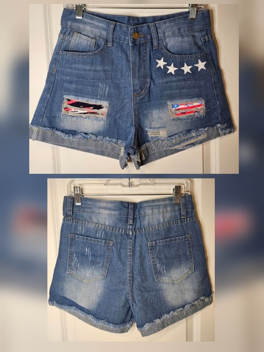 Women's Distressed Size Small Denim Shorts Star-Embellished Blue High Rise Stars - Picture 2 of 12